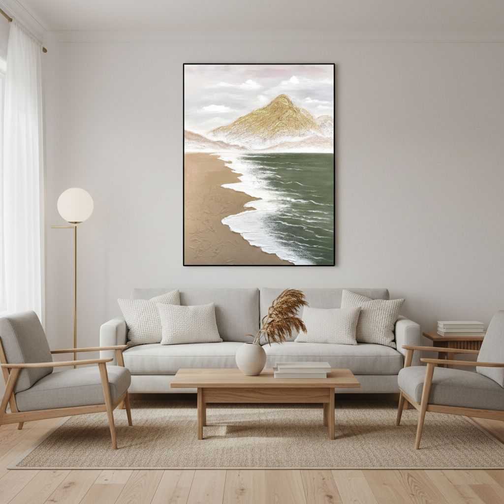 Serene coastal mountain oil painting in a Scandinavian living room