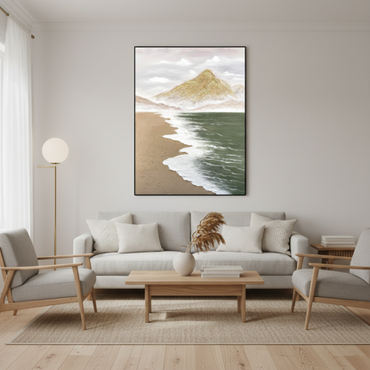 Serene coastal mountain oil painting in a Scandinavian living room
