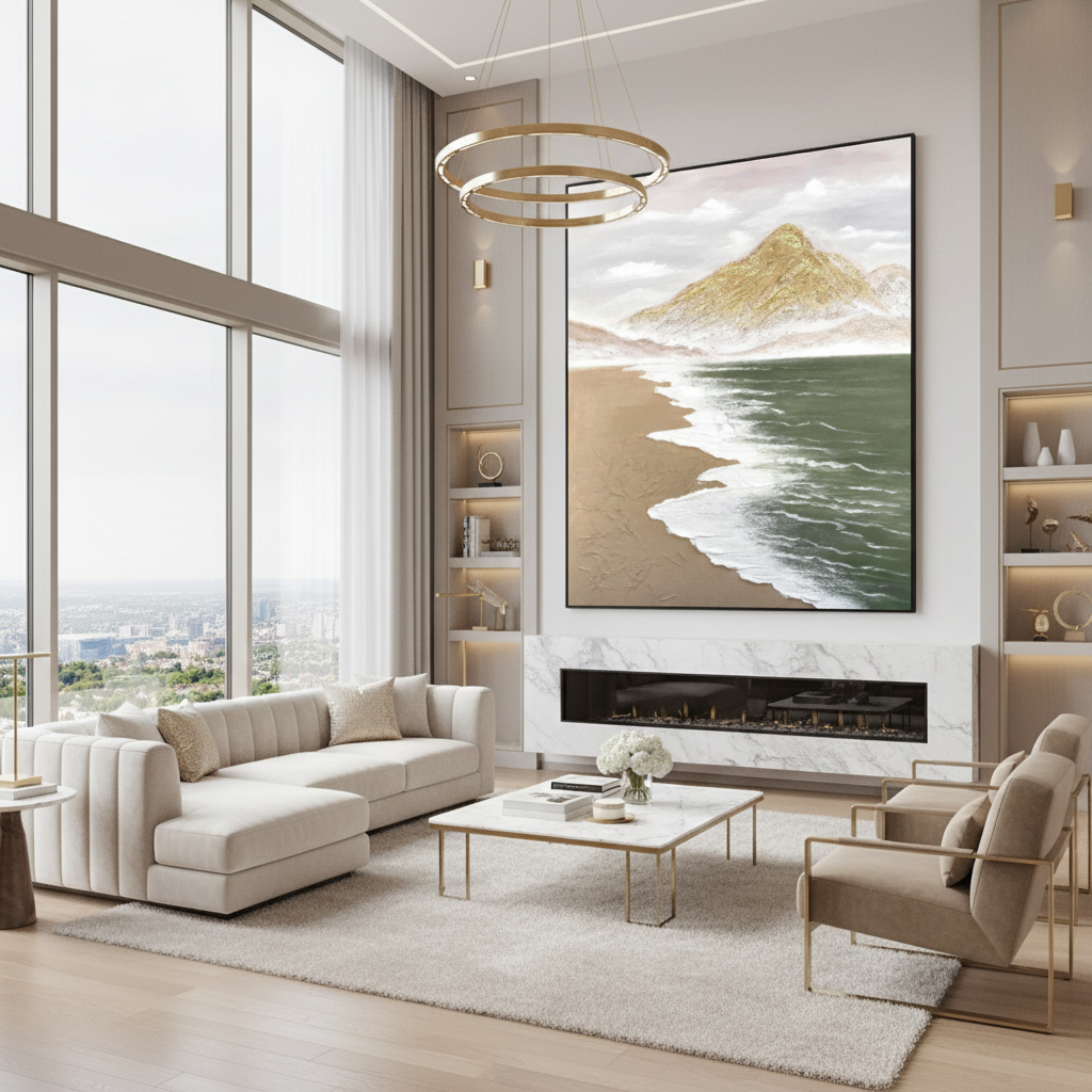 Serene coastal mountain oil painting in a luxury modern living room
