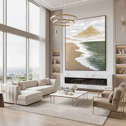 Serene coastal mountain oil painting in a luxury modern living room