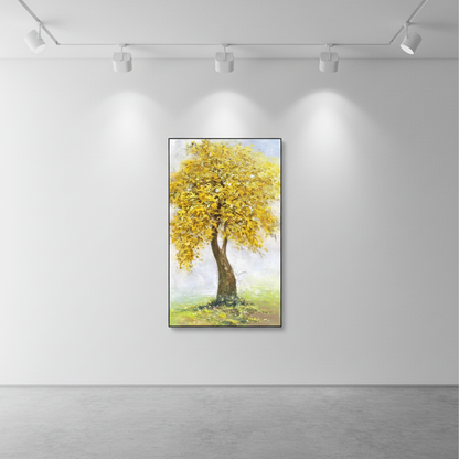 Golden yellow autumn tree oil painting in an art gallery