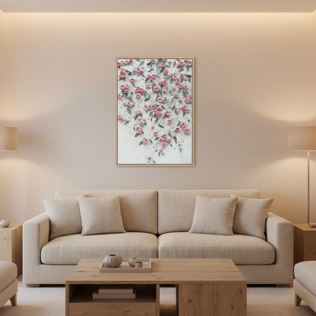 Pink rose floral wall oil painting in a warm modern living room