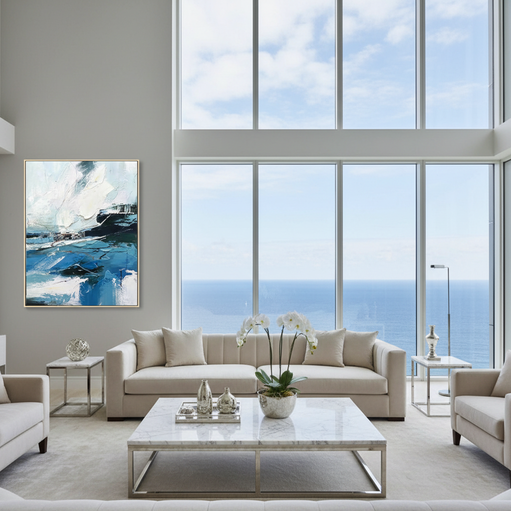 Abstract stormy seascape oil painting in a luxury modern living room