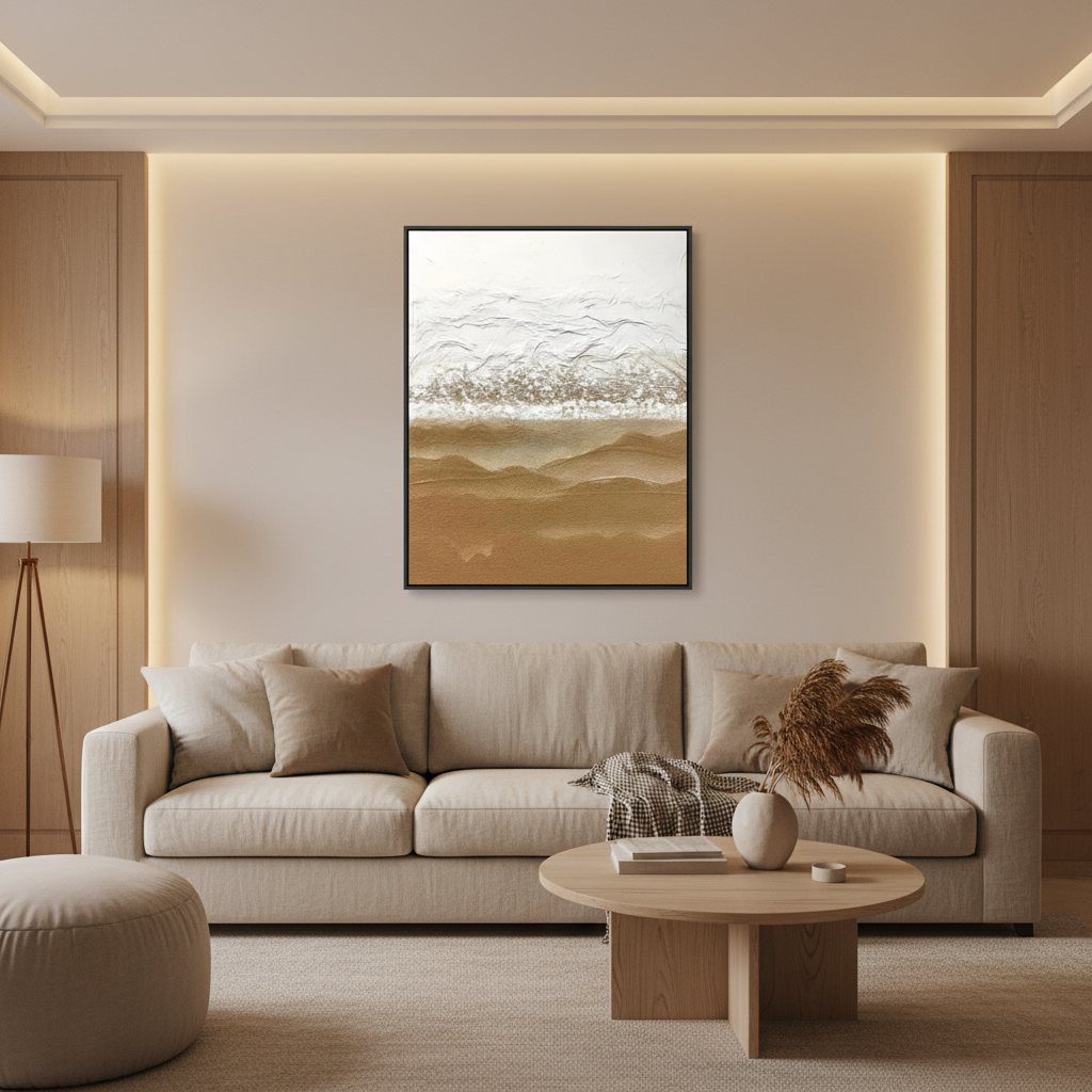 Abstract white sandy gold desert dune oil painting in a warm modern living room