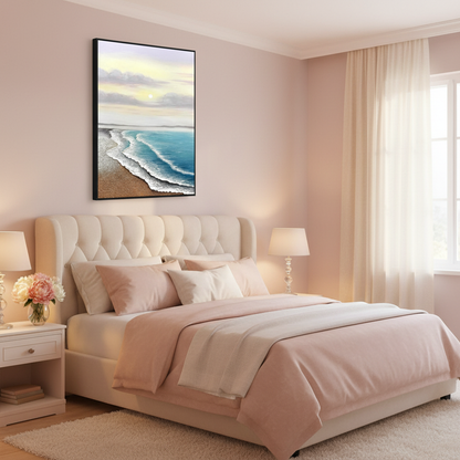 Sunrise beach oil painting in a romantic master bedroom
