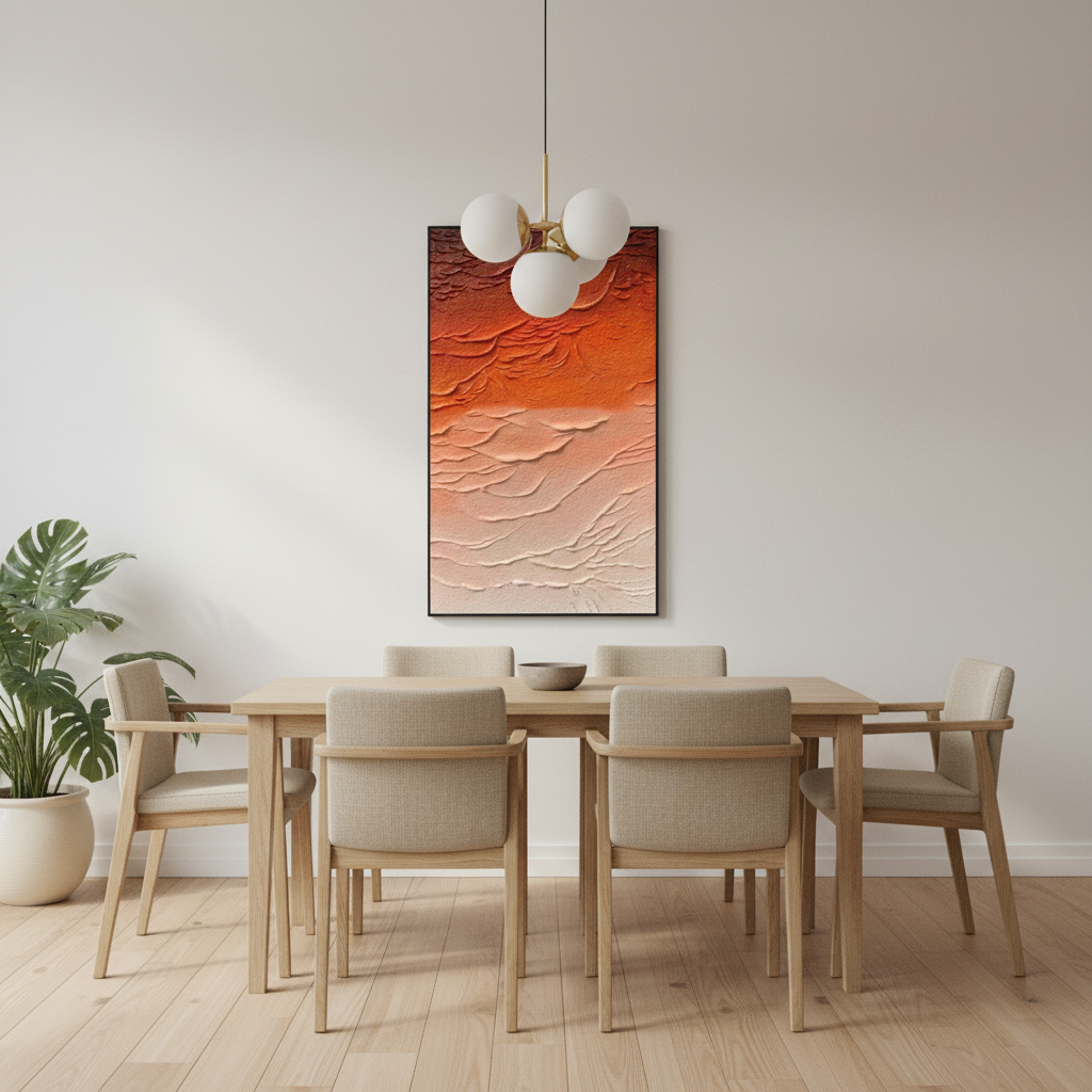 Abstract orange gradient oil painting in a Scandinavian dining room