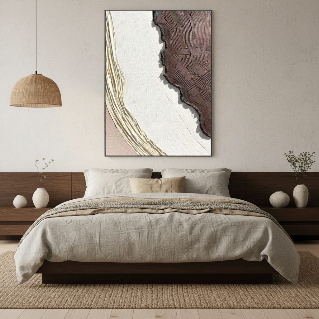 Abstract white chocolate brown tectonic oil painting in a Japandi bedroom
