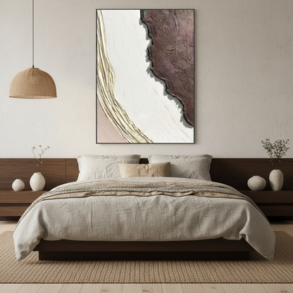 Abstract white chocolate brown tectonic oil painting in a Japandi bedroom