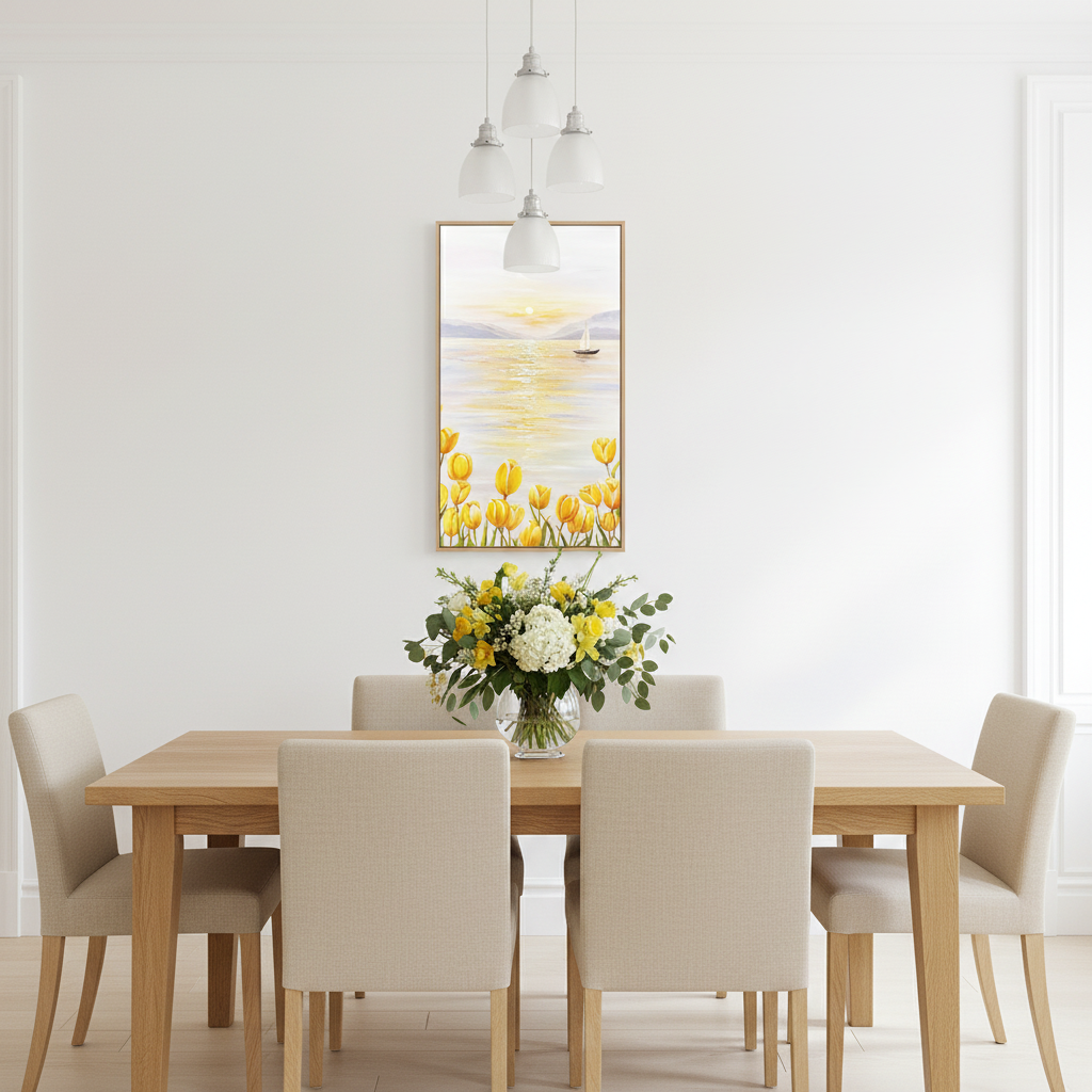 Yellow tulip lakeside sailboat sunrise oil painting in a Scandinavian dining room