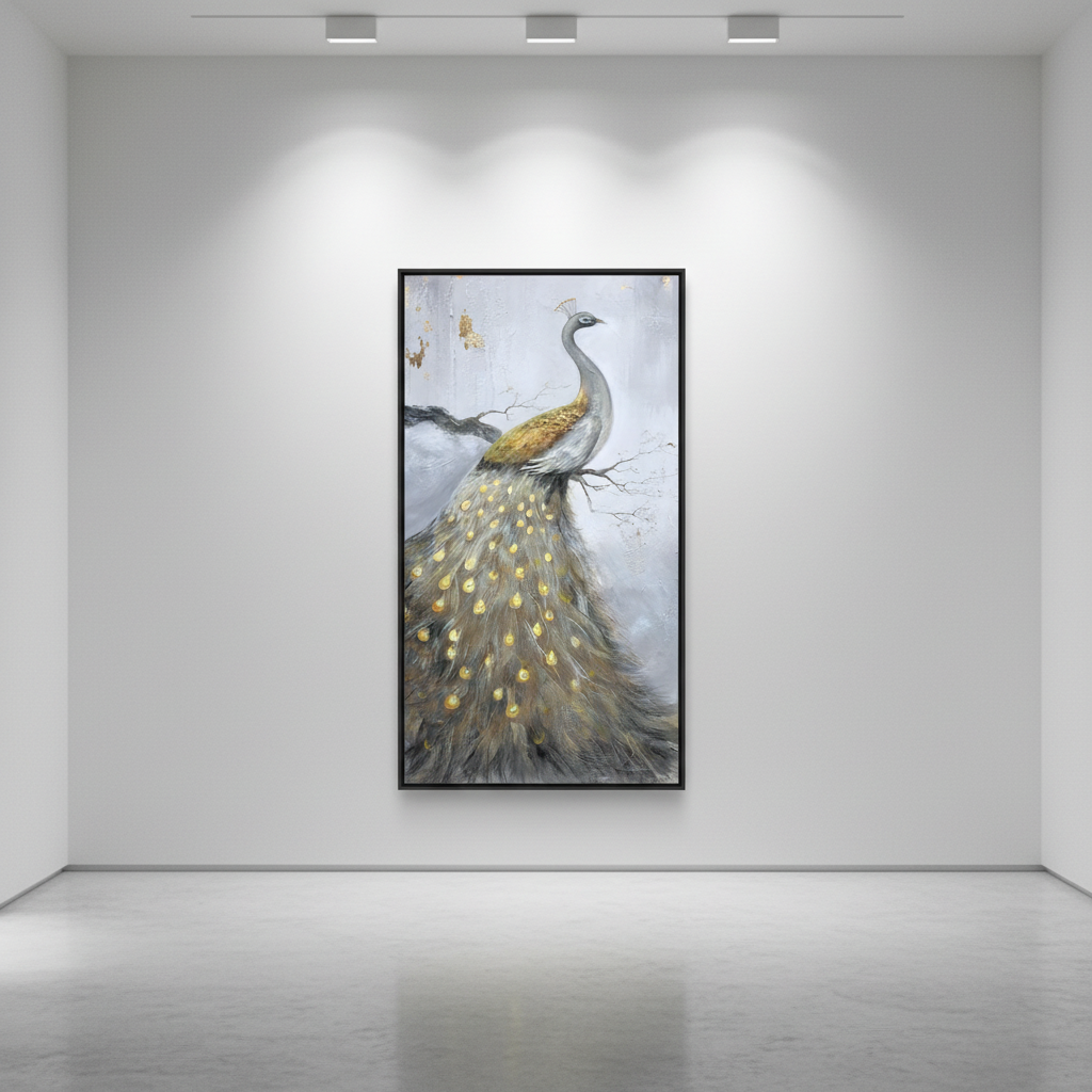 White silver gold peacock oil painting in an art gallery