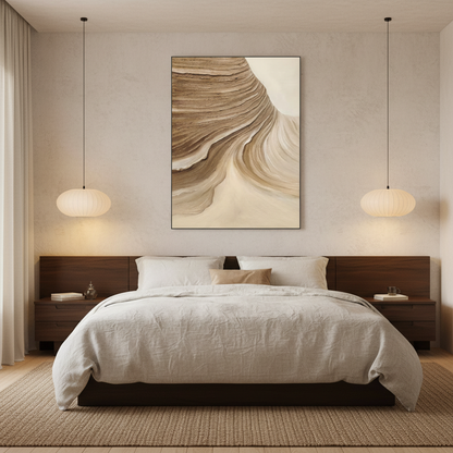 Abstract brown cream twin mesa strata oil painting in a Japandi bedroom