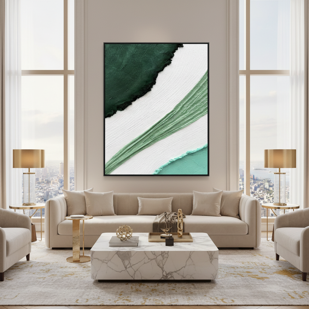 Abstract green sage mint arc oil painting in a luxury modern living room