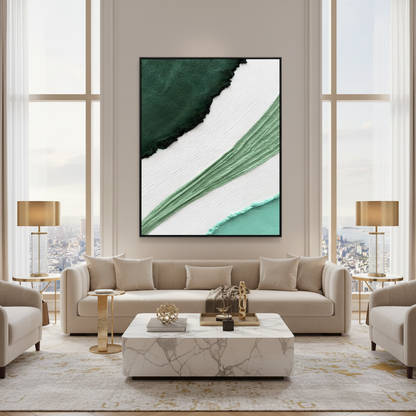 Abstract green sage mint arc oil painting in a luxury modern living room
