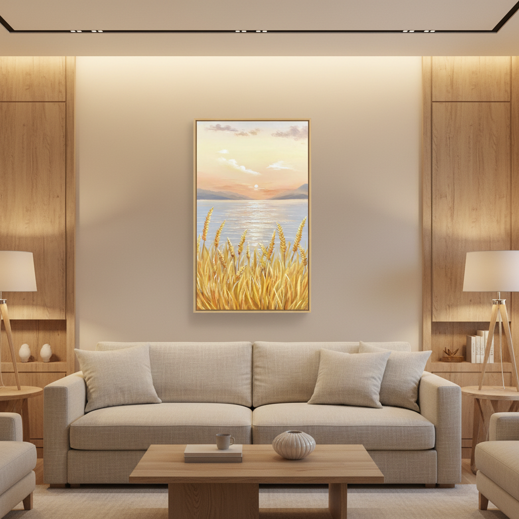 Golden reed lakeside sunset oil painting in a warm modern living room
