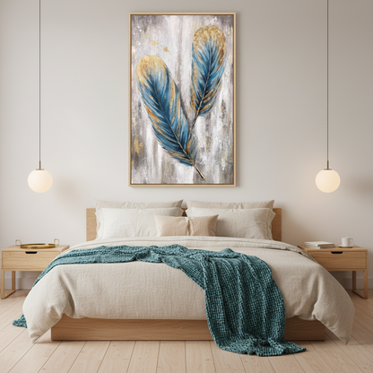 Teal blue gold feather duo oil painting in a Japandi bedroom