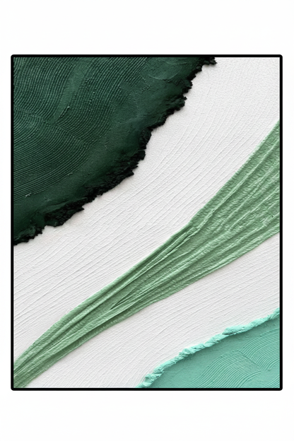 Abstract forest green sage mint white arc impasto oil painting no frame white background