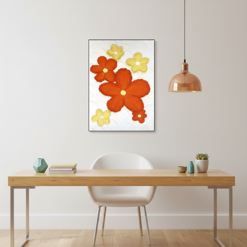Red yellow bold flower scatter oil painting in a contemporary home office