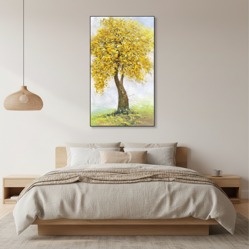 Golden yellow autumn tree oil painting in a Japandi bedroom