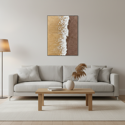 Abstract golden sand white ocean foam beach wave oil painting in a Scandinavian living room