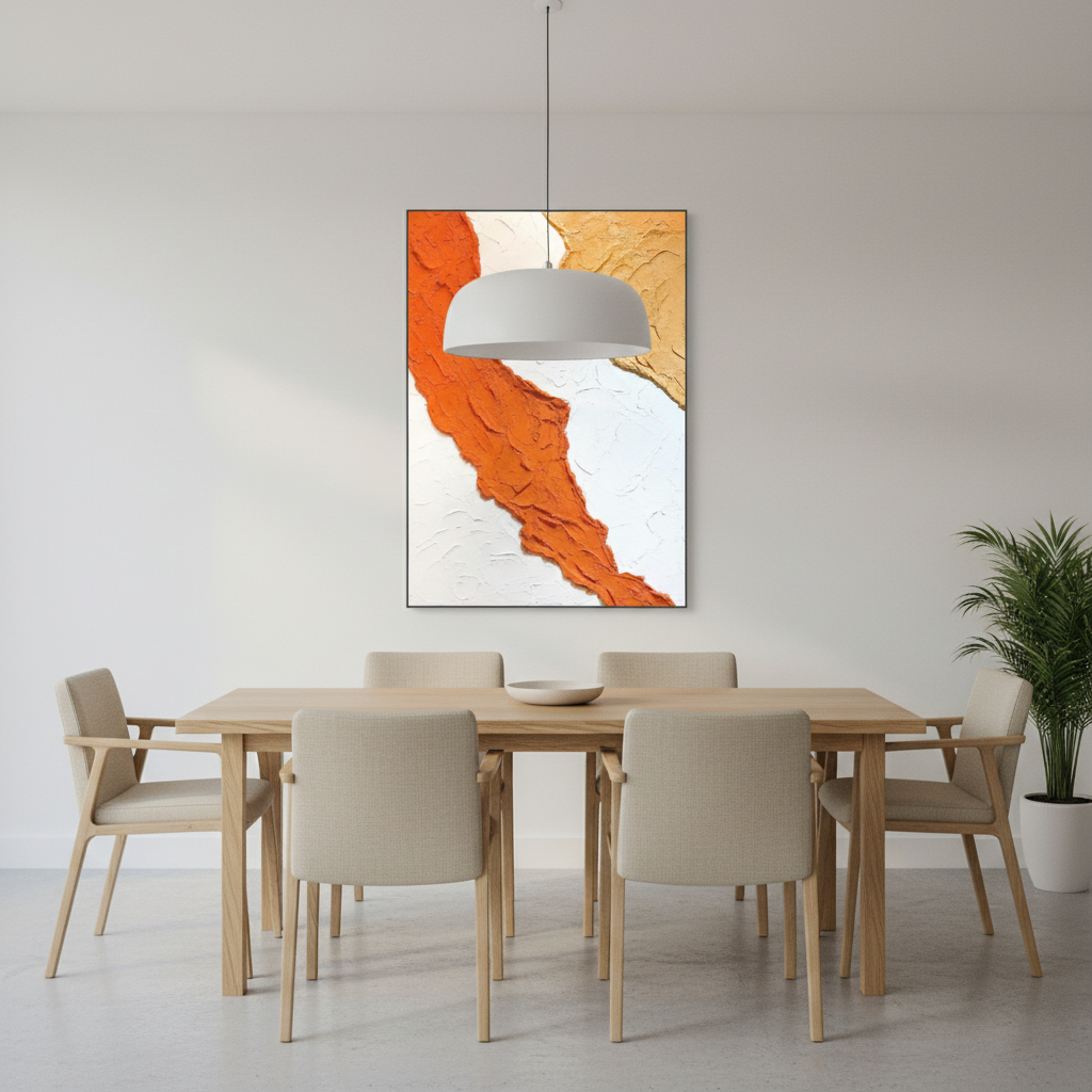 Abstract orange gold river oil painting in a Scandinavian dining room