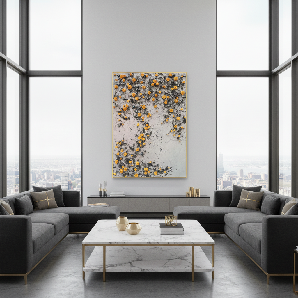 Orange yellow rose vine oil painting in a luxury modern living room