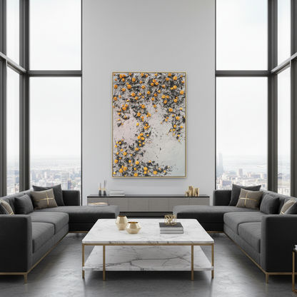 Orange yellow rose vine oil painting in a luxury modern living room