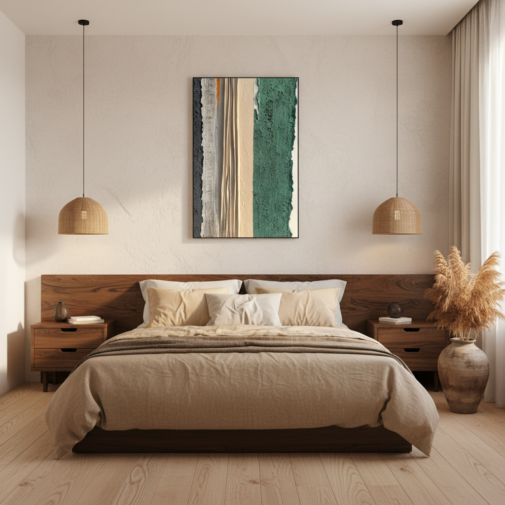 Abstract vertical stripe oil painting in a Japandi bedroom