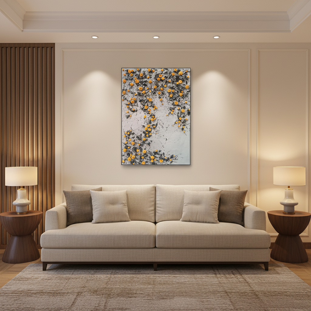 Orange yellow rose vine oil painting in a warm modern living room