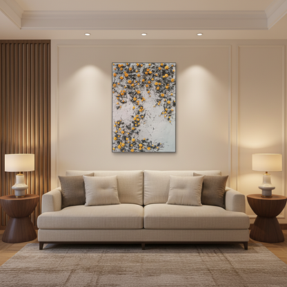Orange yellow rose vine oil painting in a warm modern living room