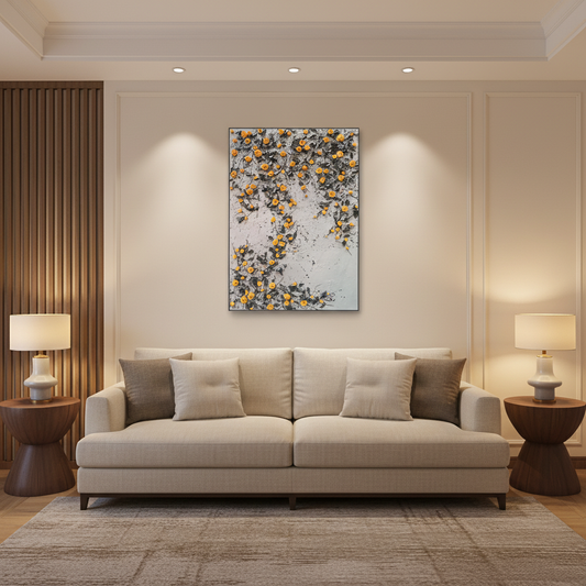 Orange yellow rose vine oil painting in a warm modern living room