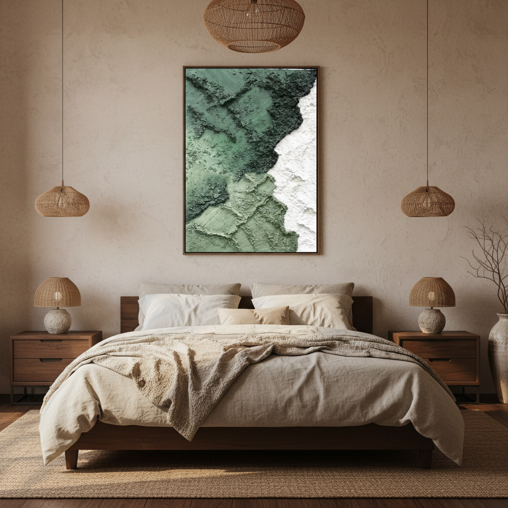 Abstract forest green white cliff oil painting in a Japandi bedroom