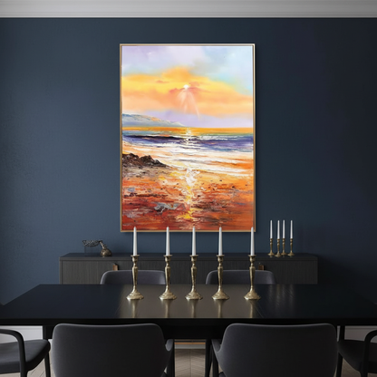 Golden sunset beach oil painting in a dark moody dining room