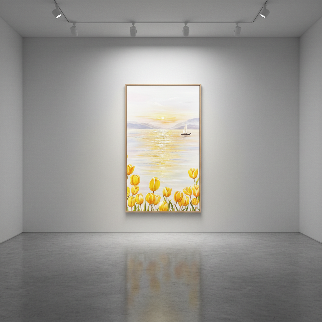 Yellow tulip lakeside sailboat sunrise oil painting in an art gallery