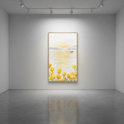 Yellow tulip lakeside sailboat sunrise oil painting in an art gallery