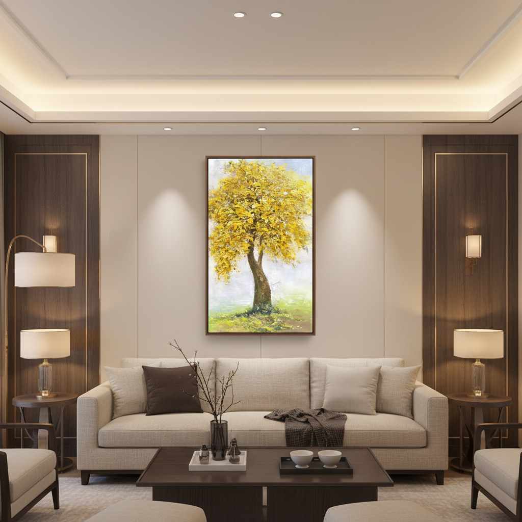 Golden yellow autumn tree oil painting in a warm modern living room