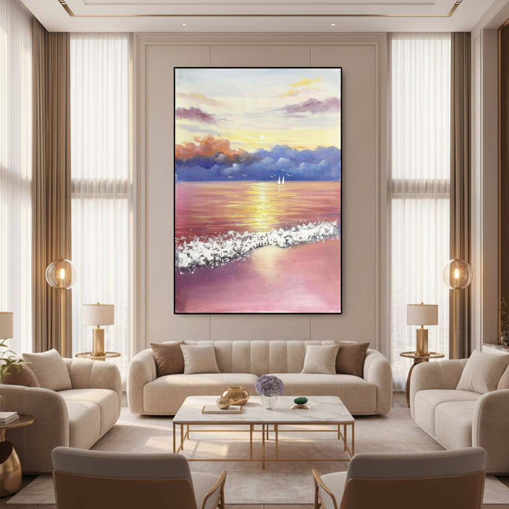 Dramatic sunset seascape oil painting in a luxury modern living room