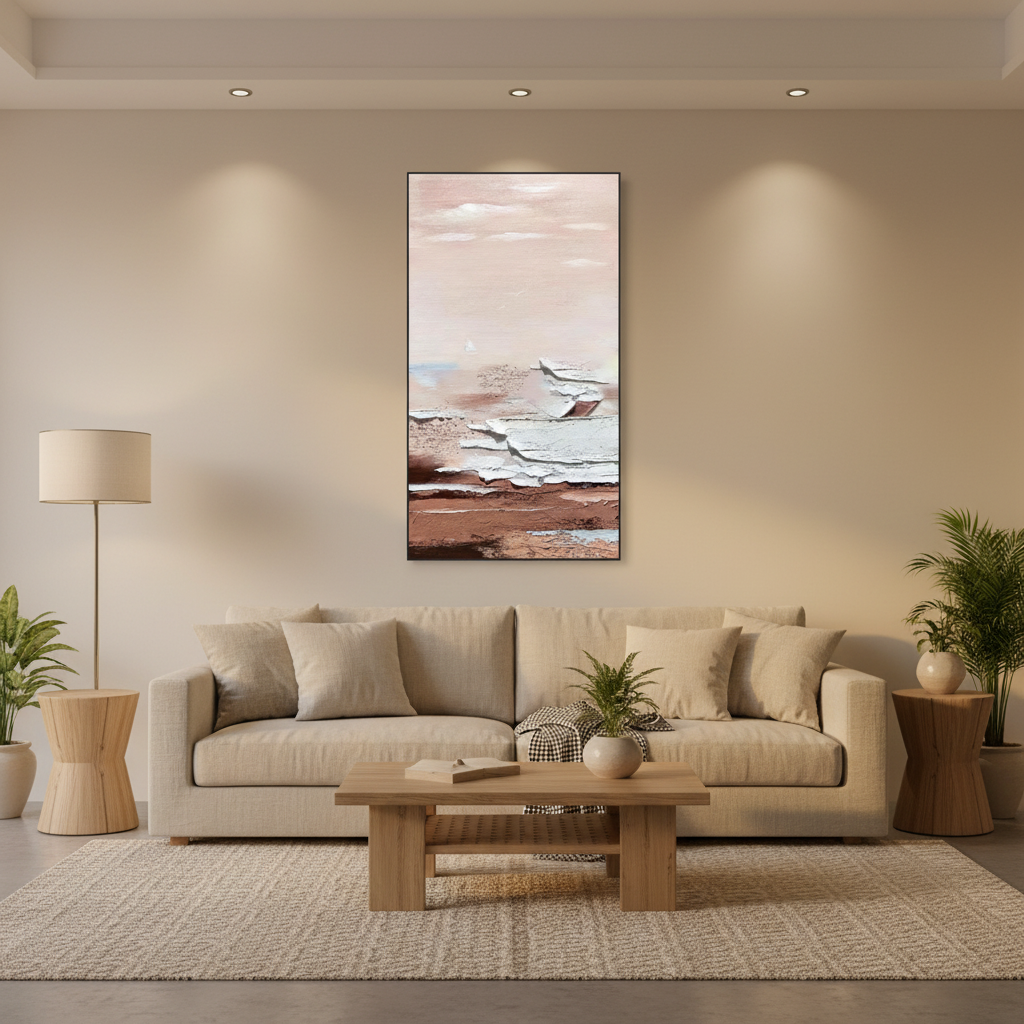 Abstract pink beige sky white ice slab brown earth oil painting in a warm modern living room