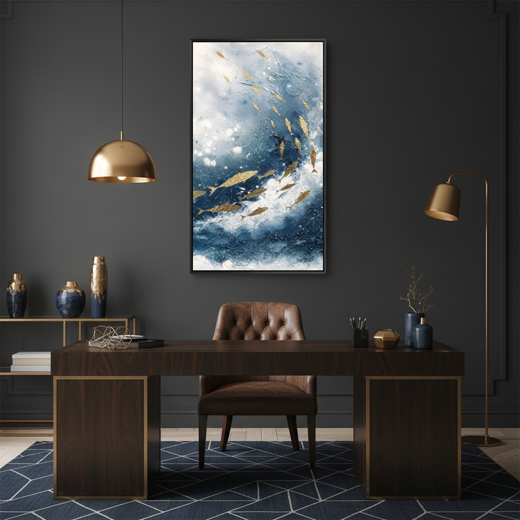 Golden fish school ocean oil painting in a contemporary dark home office