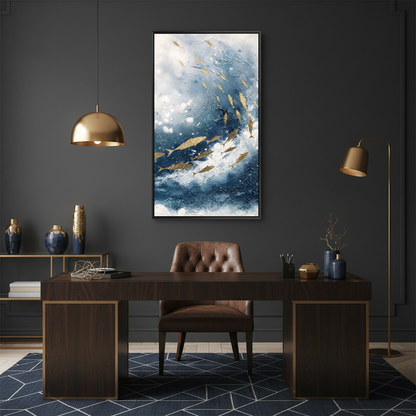 Golden fish school ocean oil painting in a contemporary dark home office