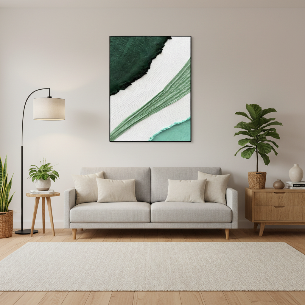 Abstract green sage mint arc oil painting in a Scandinavian living room