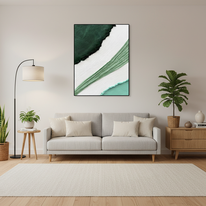 Abstract green sage mint arc oil painting in a Scandinavian living room