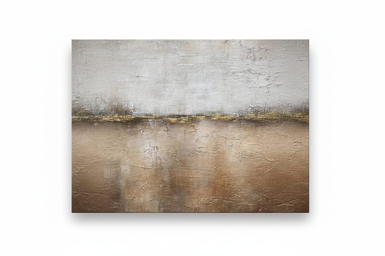 Abstract grey white brown gold horizon landscape impasto oil painting no frame white background