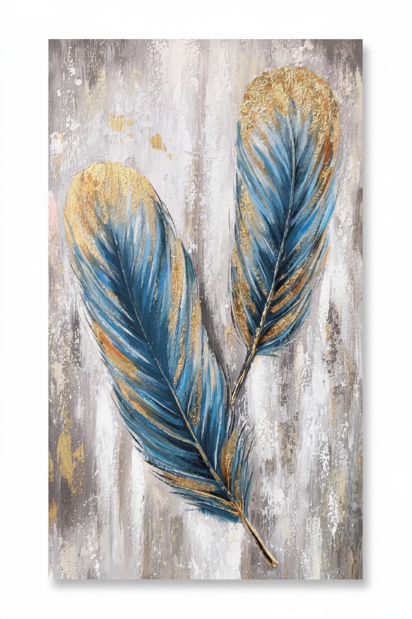 Teal blue gold feather duo impasto oil painting no frame white background