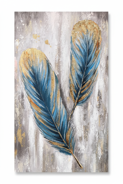 Teal blue gold feather duo impasto oil painting no frame white background
