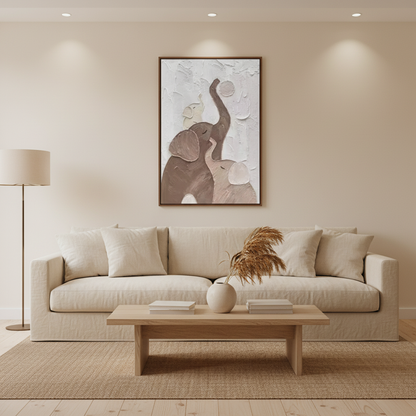 Mother elephant baby balancing ball oil painting in a warm modern living room