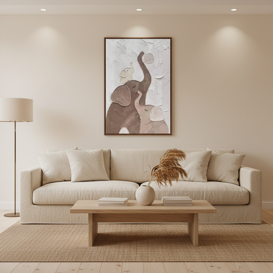 Mother elephant baby balancing ball oil painting in a warm modern living room