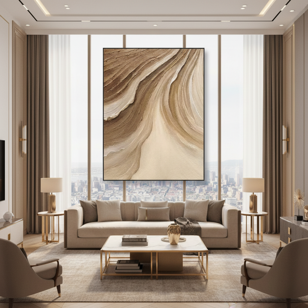 Abstract brown cream canyon strata oil painting in a luxury modern living room