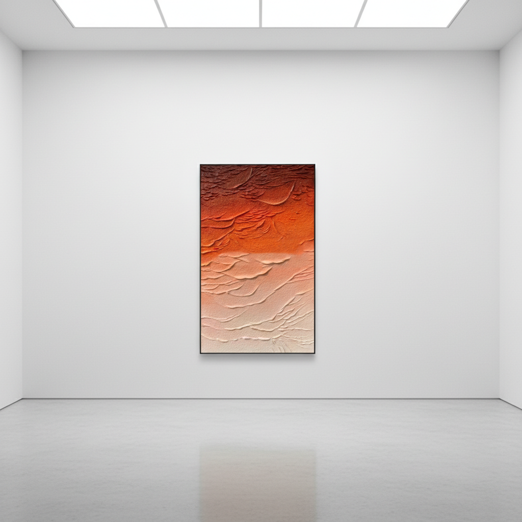 Abstract orange gradient oil painting in an art gallery