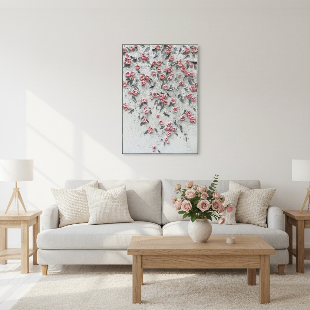 Pink rose floral wall oil painting in a Scandinavian living room