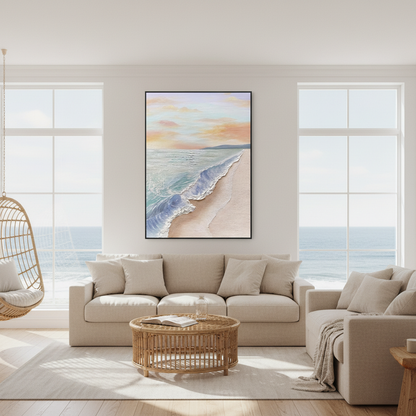 Sunset beach oil painting in a coastal living room